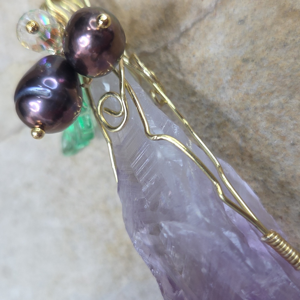 Purple Amathyst Wirerrapped Pendant With Freshwater Pearl And Crystal - Picture 4 of 9